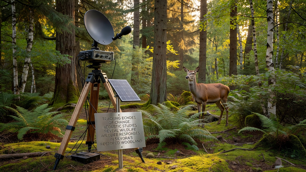 Close-up of acoustic sensor mounted on a tree trunk with woodland background
